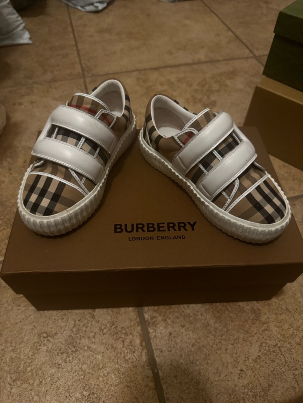 Burberry Beige Check & White Velcro Kids Sneakers